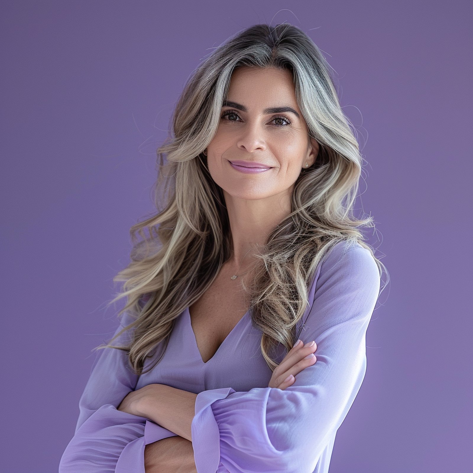 woman with grey hair purple shirt with her arms crossed